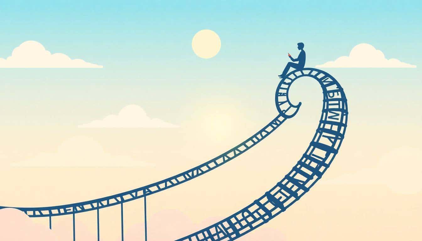 A whimsical rollercoaster made of words spirals through a tranquil sky, with soft clouds and a gentle sun. A solitary figure sits at the top, holding a notebook and pen, symbolizing reflection and the journey of mental health. The color palette includes soothing blues, pastels, and warm sunlight.