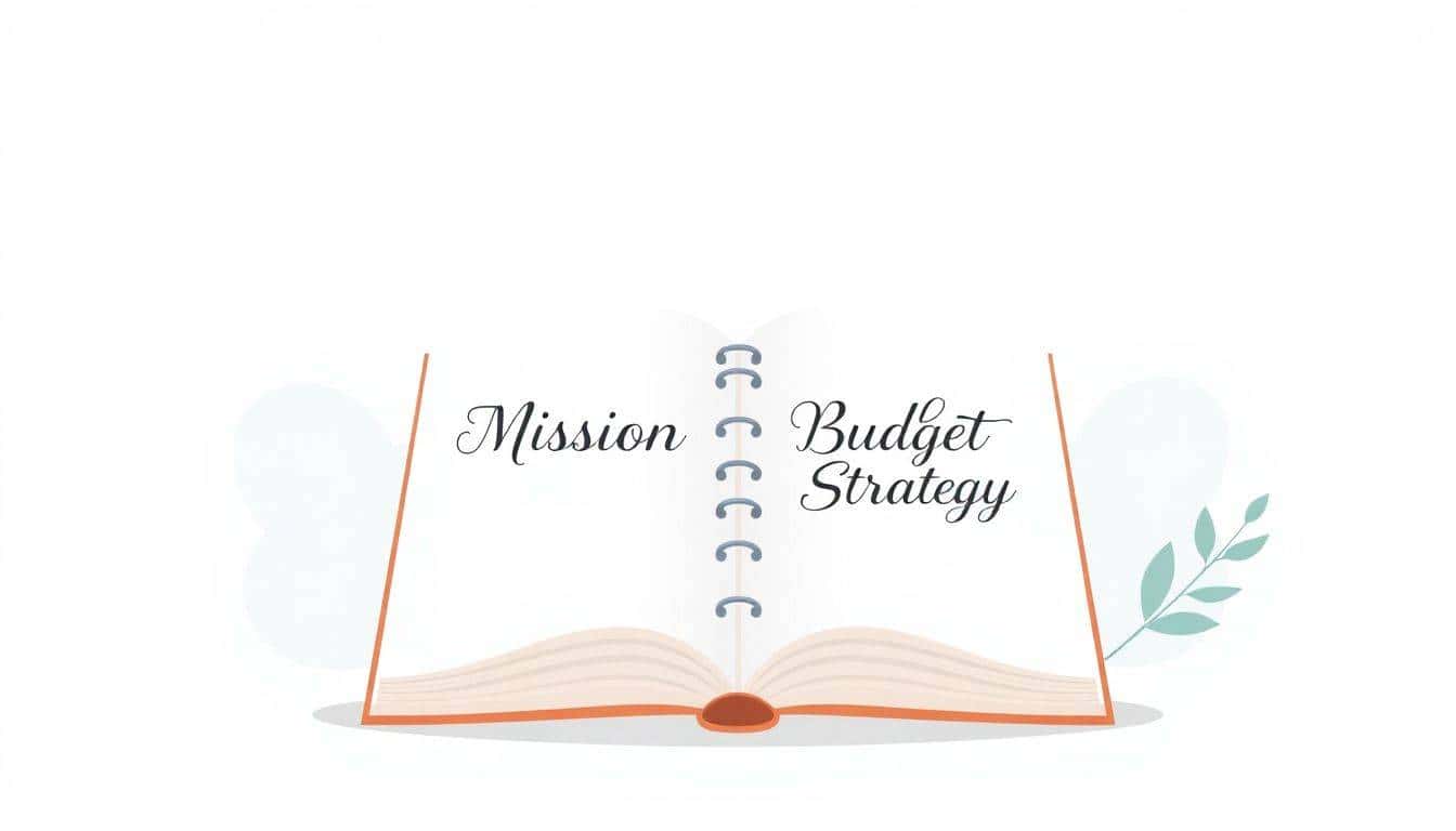 A large open notebook with elegantly handwritten sections labeled "Mission," "Budget," and "Strategy," surrounded by soft, abstract shapes and light gradients in calming blues and greens.