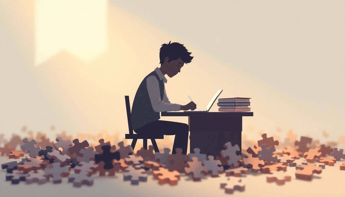 A solitary writer sits at a desk surrounded by scattered puzzle pieces, with a softly blurred background and gentle lighting, conveying inspiration and creativity in character development.