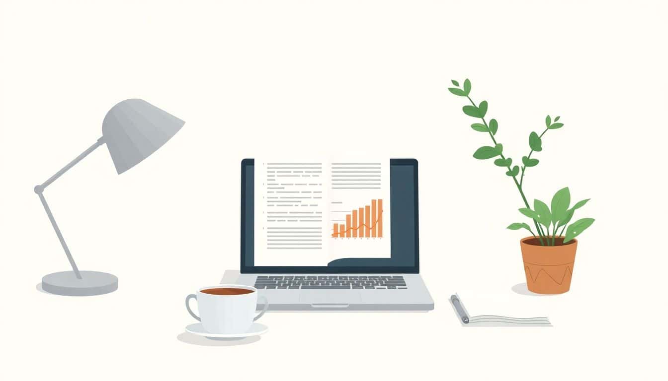 Minimalist illustration of a serene workspace with a neatly organized desk, an open laptop displaying a document, a cup of coffee, and a small potted plant, set against a soft, calming background with subtle hints of numbers and charts.