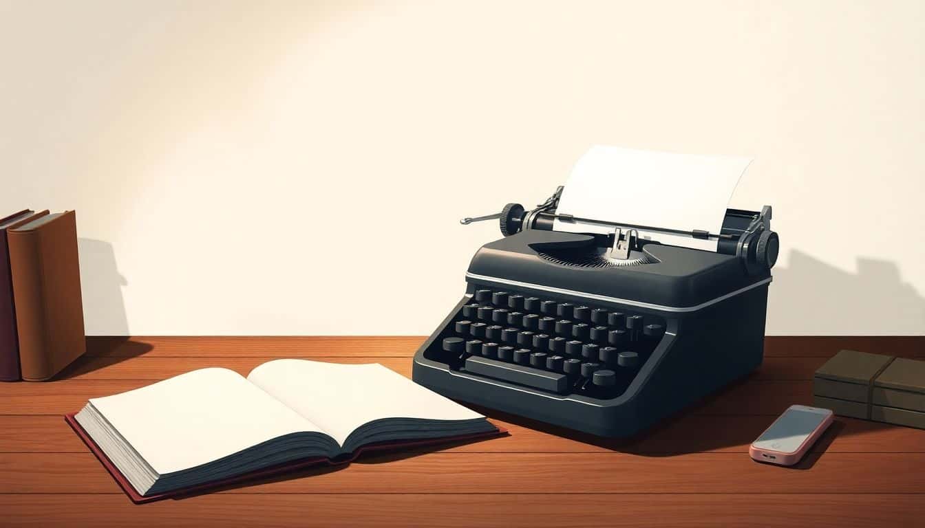 Minimalist illustration of a classic typewriter on a wooden desk with a blank page and an open book, surrounded by soft, warm lighting and faint outlines of famous authors in the background.