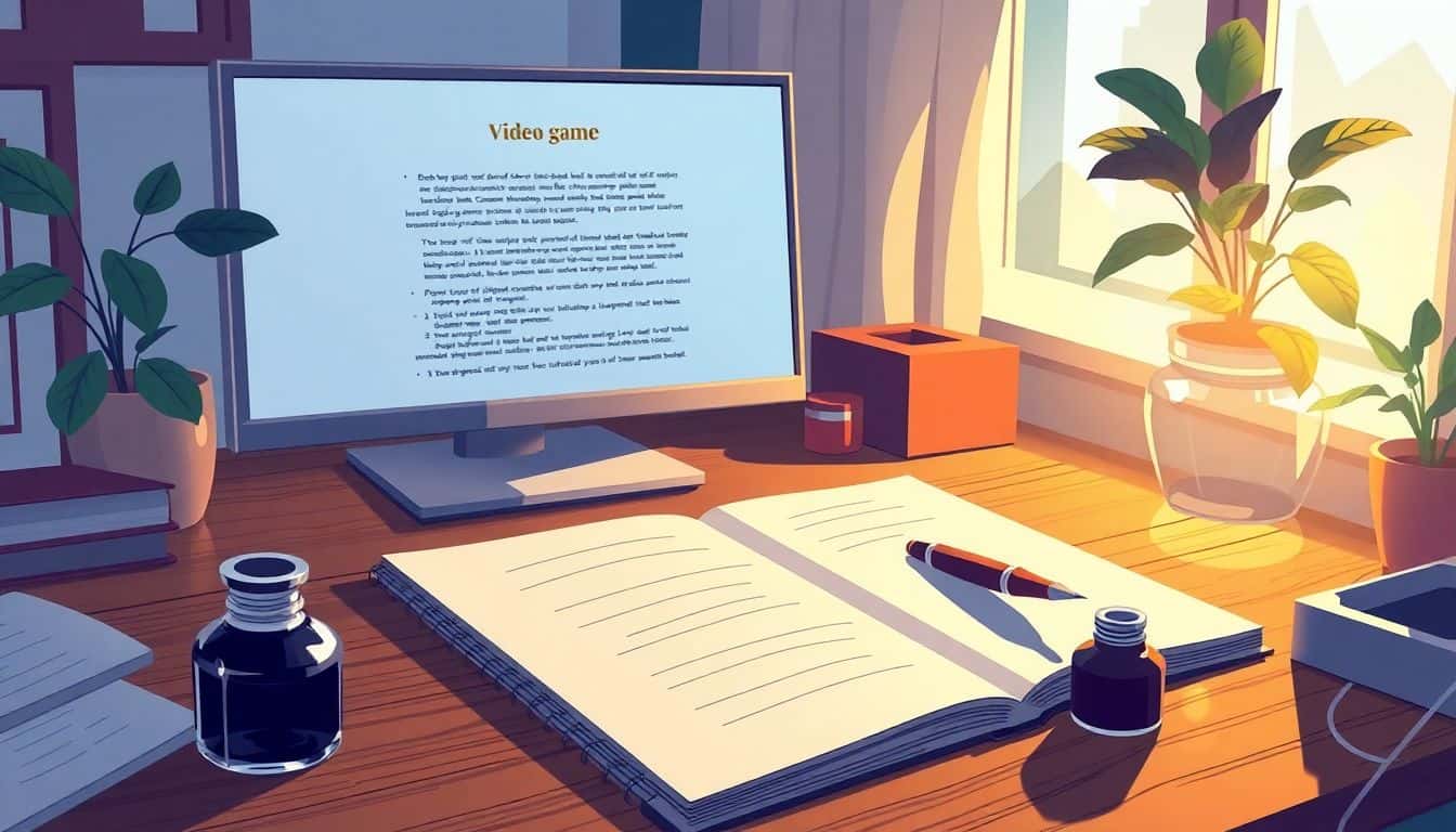 A cozy writing space with a desk, an open notebook, a fountain pen, and an ink bottle, featuring a glowing computer screen displaying a video game script outline, warm light from a window, shadows, and a potted plant.