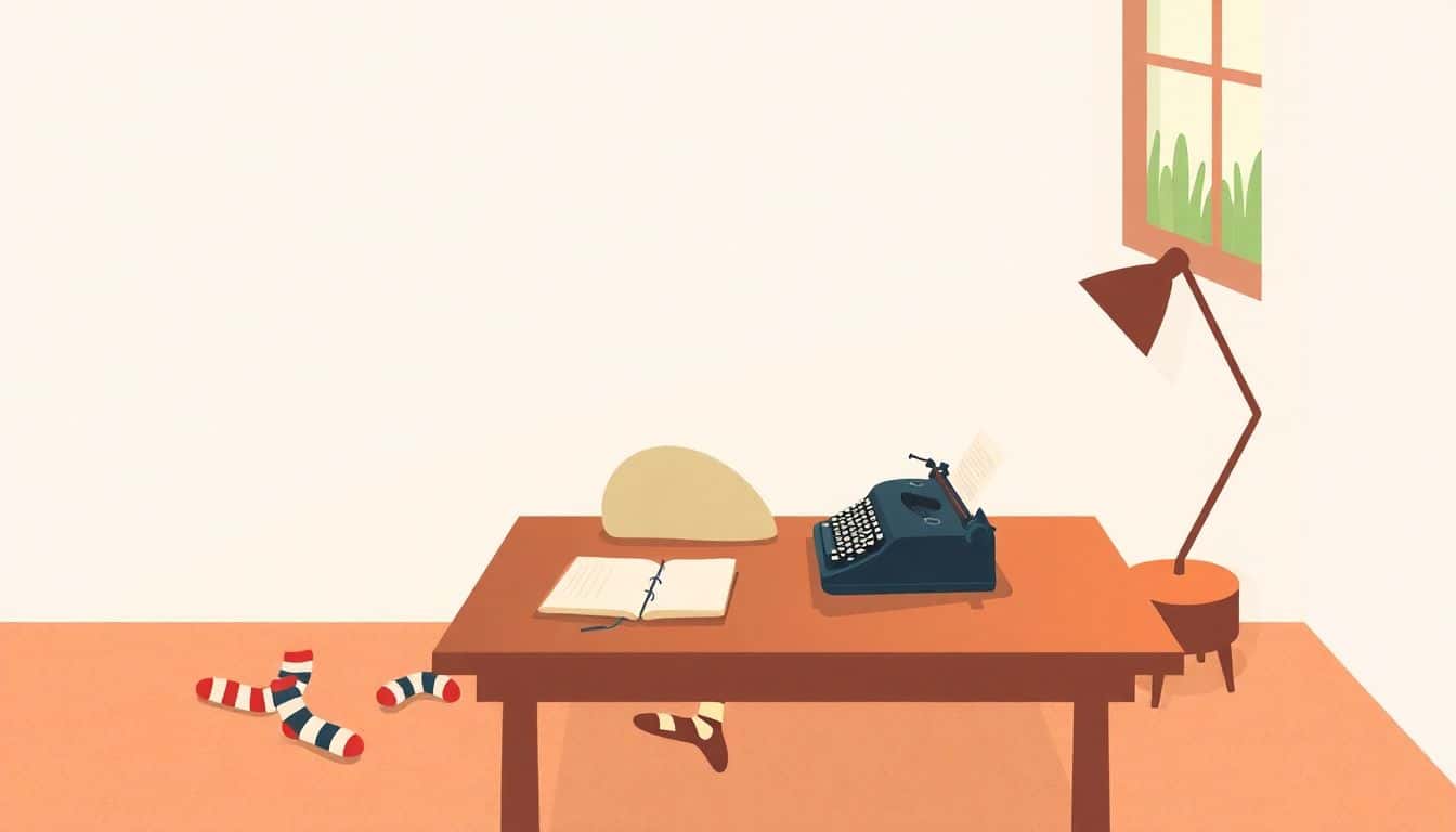 A whimsical illustration of a person at a cozy desk with a vintage typewriter and open notebook, surrounded by mismatched socks, in a warm-lit room with a window showing a peaceful outdoor scene.