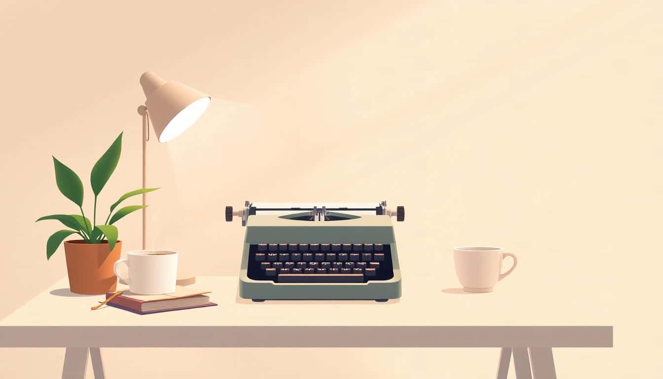 A minimalist workspace featuring a clean desk with a vintage typewriter, a potted plant, and a steaming cup of coffee, illuminated by gentle light in a warm color palette.