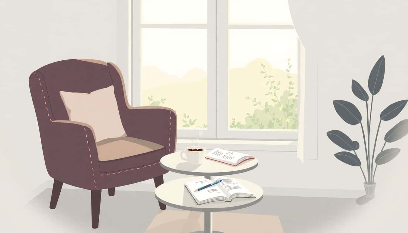 Cozy writing nook with a comfortable chair, a small round table holding a steaming cup of coffee and an open notebook with a pen, set against a sunny window with gentle greenery outside.