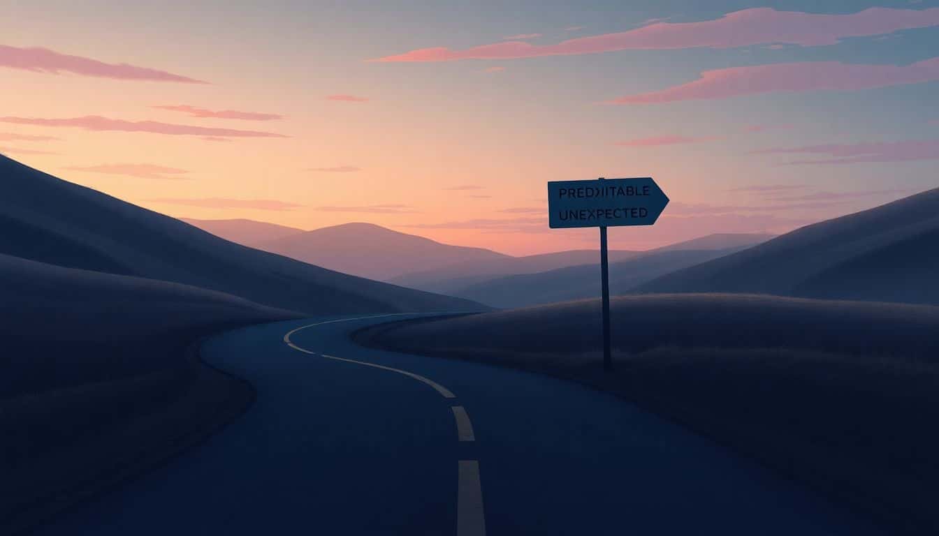 A winding road forks at a signpost labeled 'Predictable' and 'Unexpected', set against a serene landscape with soft hills and a twilight sky.