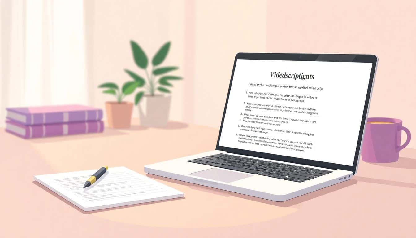 A cozy workspace featuring a notepad, pen, and an open laptop with a video script, complemented by a potted plant and a coffee cup, all under warm lighting.