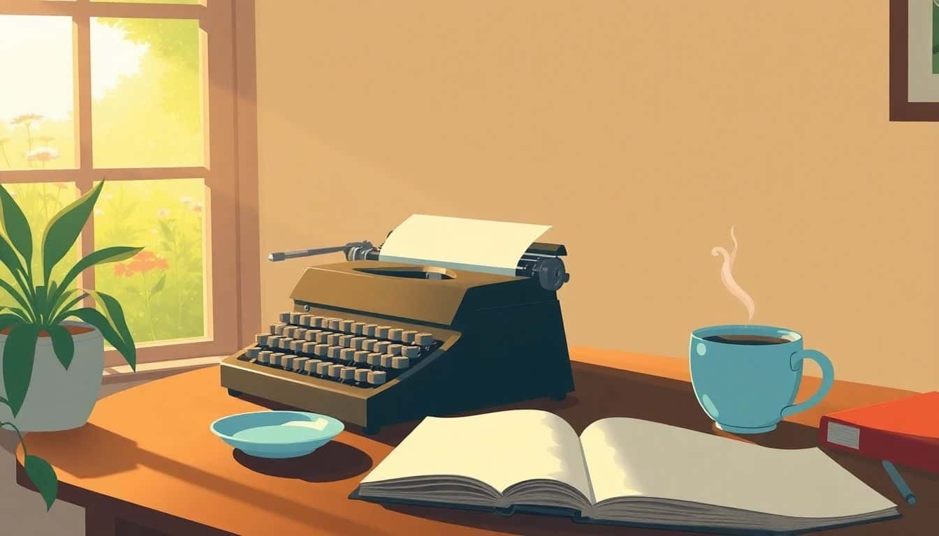Cozy writing space with a desk featuring an open notebook and a vintage typewriter, warm light, a window revealing a peaceful garden, and a steaming cup of tea or coffee beside the typewriter.