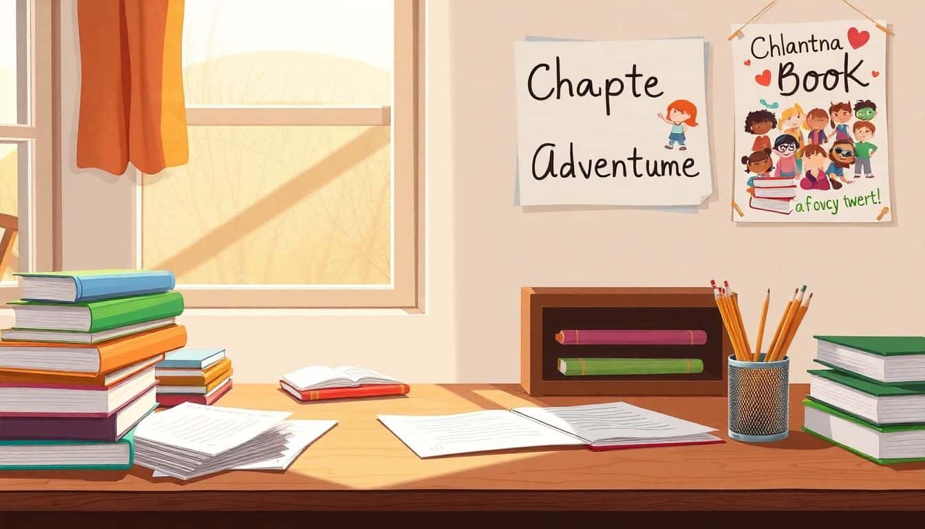 Cozy writing nook with a wooden desk, scattered papers, colorful children's books, and a cup of pencils. A warm light filters through a window, and a whimsical poster titled 'Chapter Book Adventure' hangs on the wall.