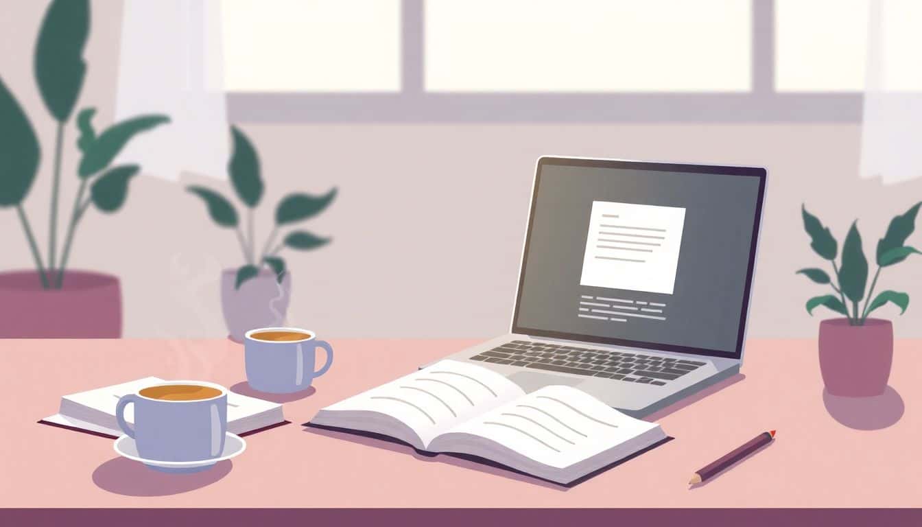 A serene desk with an open journal, a steaming cup of coffee, and a glowing laptop screen showing an email draft, set in a calm room with soft lighting and plants.