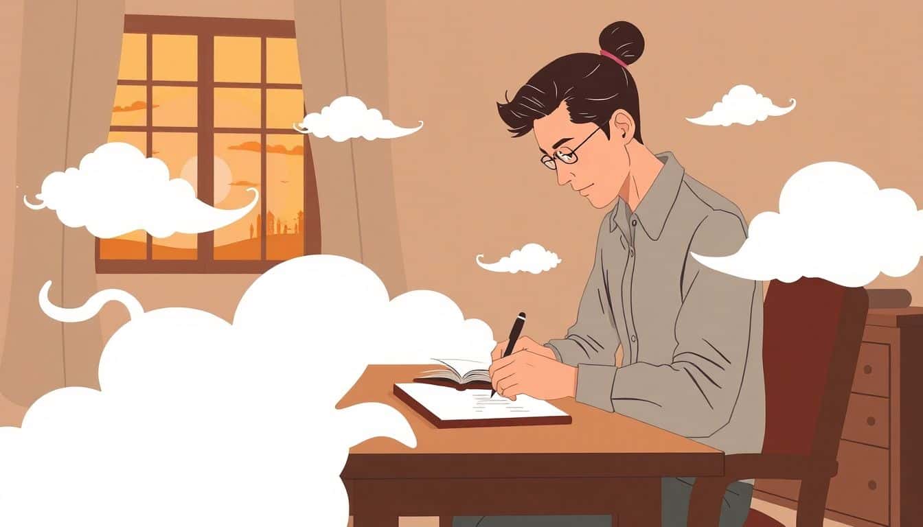 A focused writer at a desk in a cozy room, surrounded by wispy clouds representing literary devices, writing in a beautifully bound notebook with a sunset visible through the window.