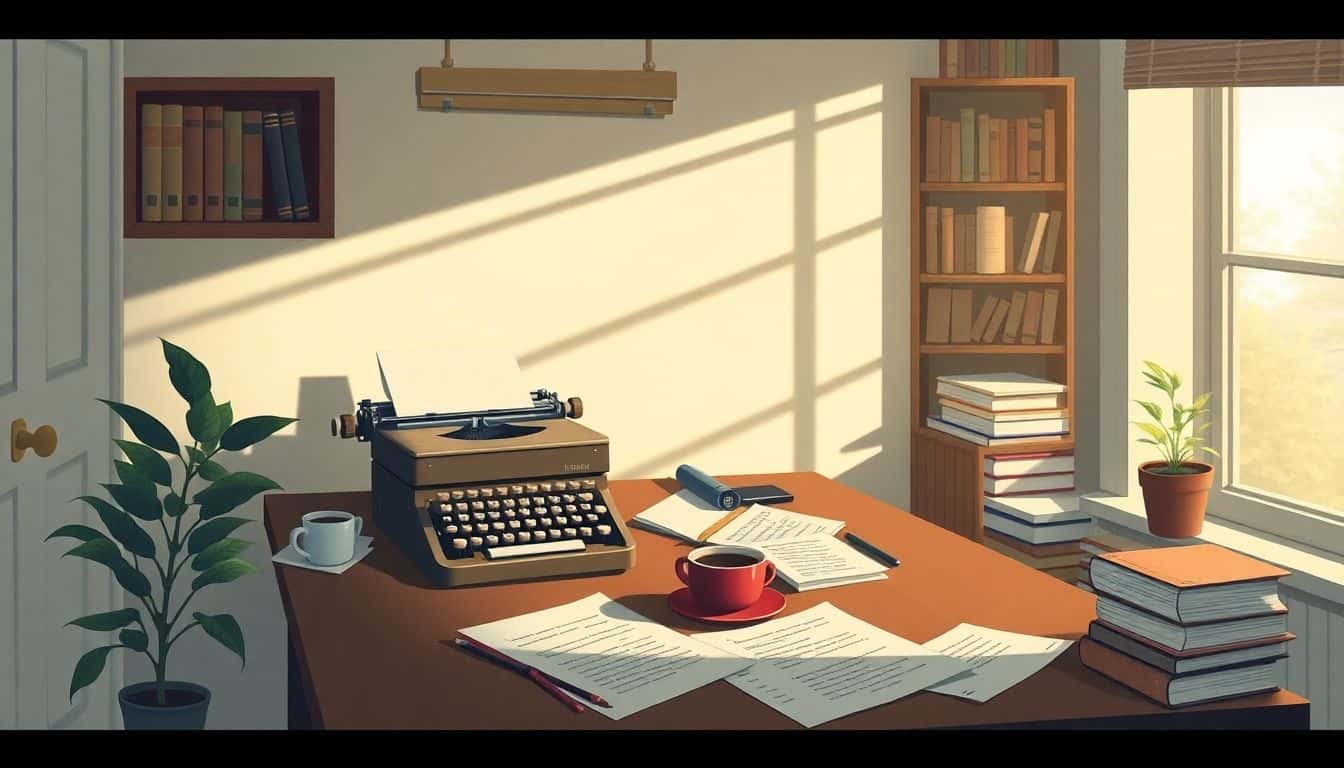 Cozy study space featuring an antique typewriter on a desk, scattered papers with story outlines, a warm cup of coffee, a bookshelf with classic literature, soft natural light from a nearby window, and a potted plant.