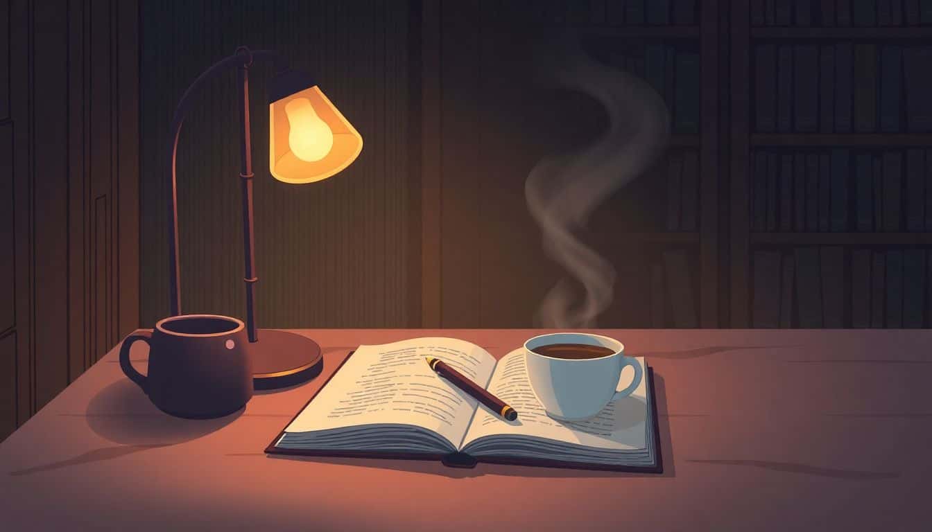 Cozy writing nook with a warm lamp, an open notebook and pen, a steaming cup of coffee, and a softly blurred bookshelf in the background.