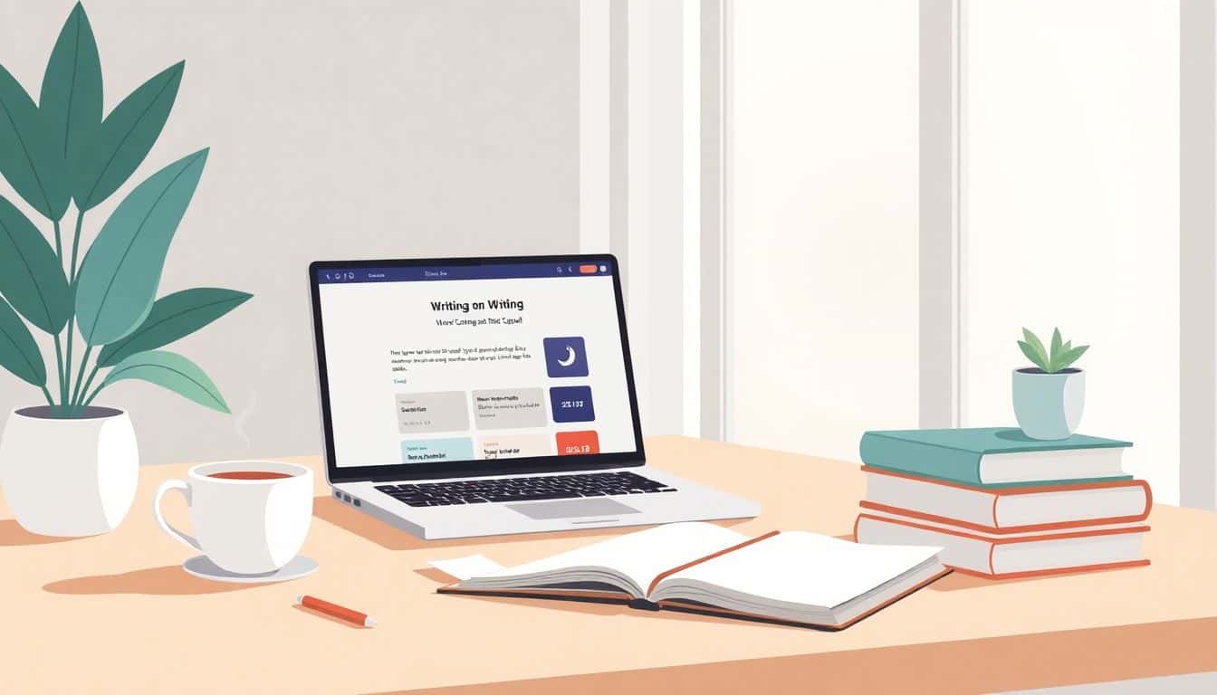 Cozy workspace with an open laptop on the Substack homepage, a steaming cup of coffee, neatly stacked notebooks, and soft natural light filtering through a window.