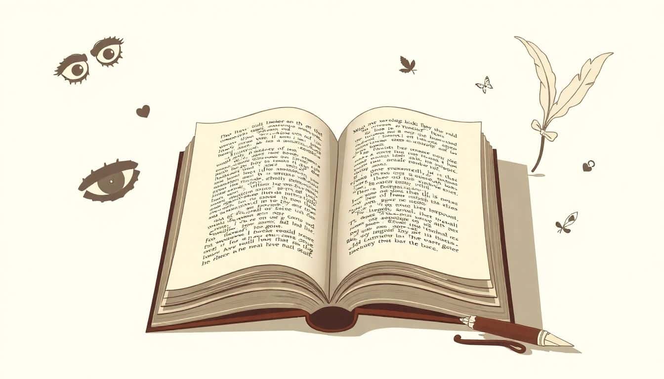 Open book with turning pages surrounded by whimsical illustrations of questioning eyes and a quill pen, set against a soft, muted background, emphasizing themes of storytelling and an unreliable narrator.