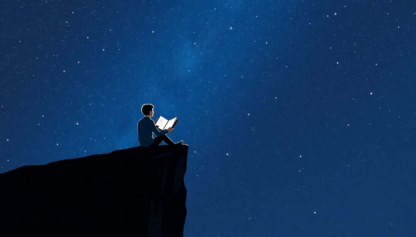 A solitary figure sits on the edge of a cliff, gazing at a starry night while holding an open book with fluttering pages.
