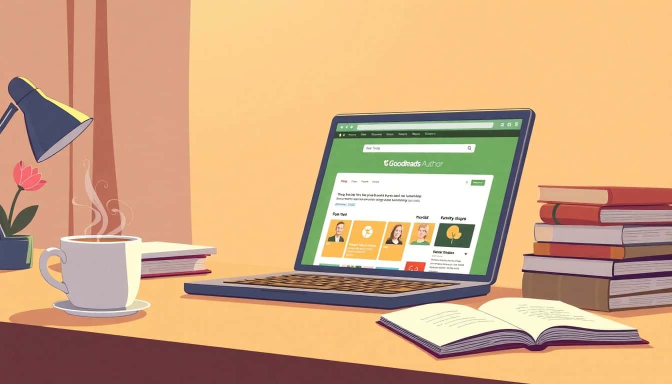 An author discovers Goodreads on an open laptop in a cozy writing space, featuring a steaming cup of coffee, a stack of books, a blossoming plant, and a shelf of reader reviews, all set in a warm, inviting environment.