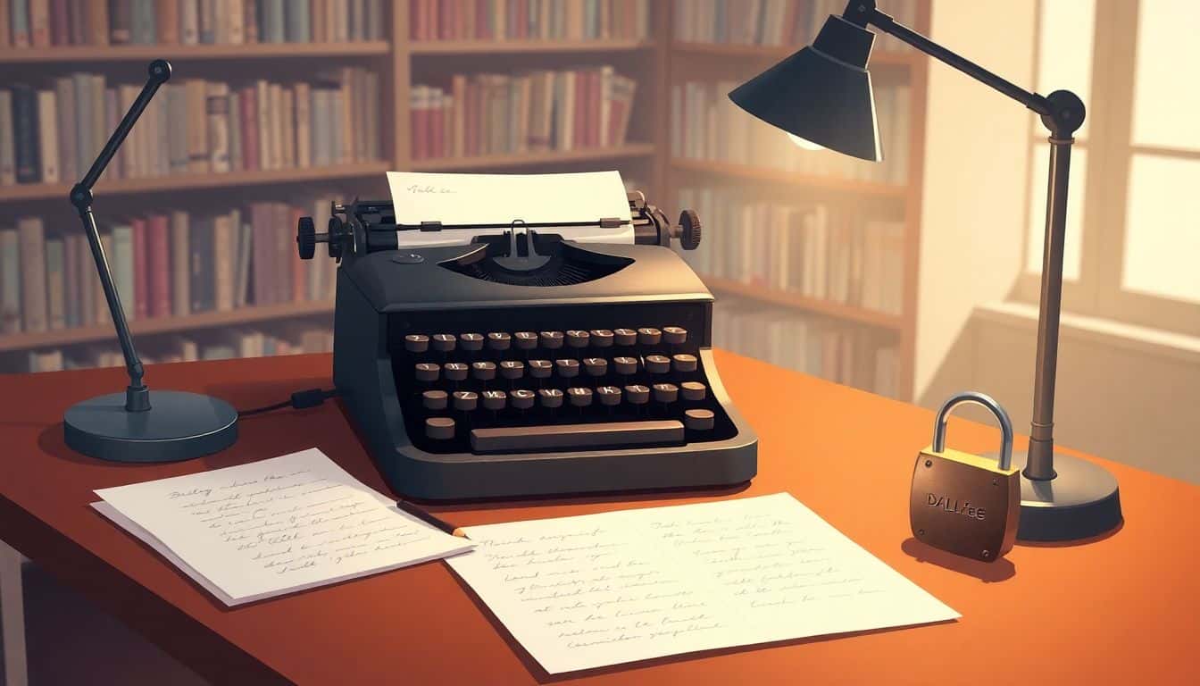 A vintage typewriter on a wooden desk with illuminated handwritten notes, a small lock beside it, set against a softly blurred library background filled with books, all in a warm, minimalistic color palette.