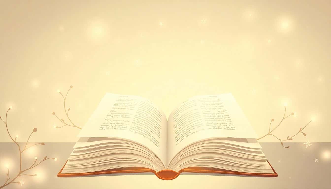 An open book surrounded by soft glowing light and delicate book-themed decorations, with a simple, serene background.