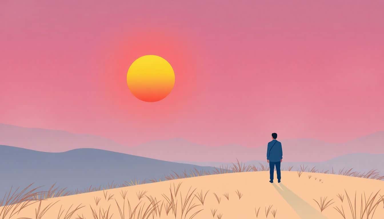 Illustration of a lone figure standing on a windswept hill, gazing at a vibrant sunset, with gentle clouds and distant mountains, conveying reflection and resilience.