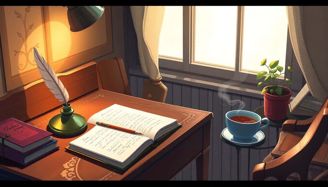 Cozy writing nook featuring a vintage wooden desk with a quill and inkpot, an open handwritten notebook, a steaming cup of tea, scattered books, and a potted plant, illuminated by warm light from a nearby window.