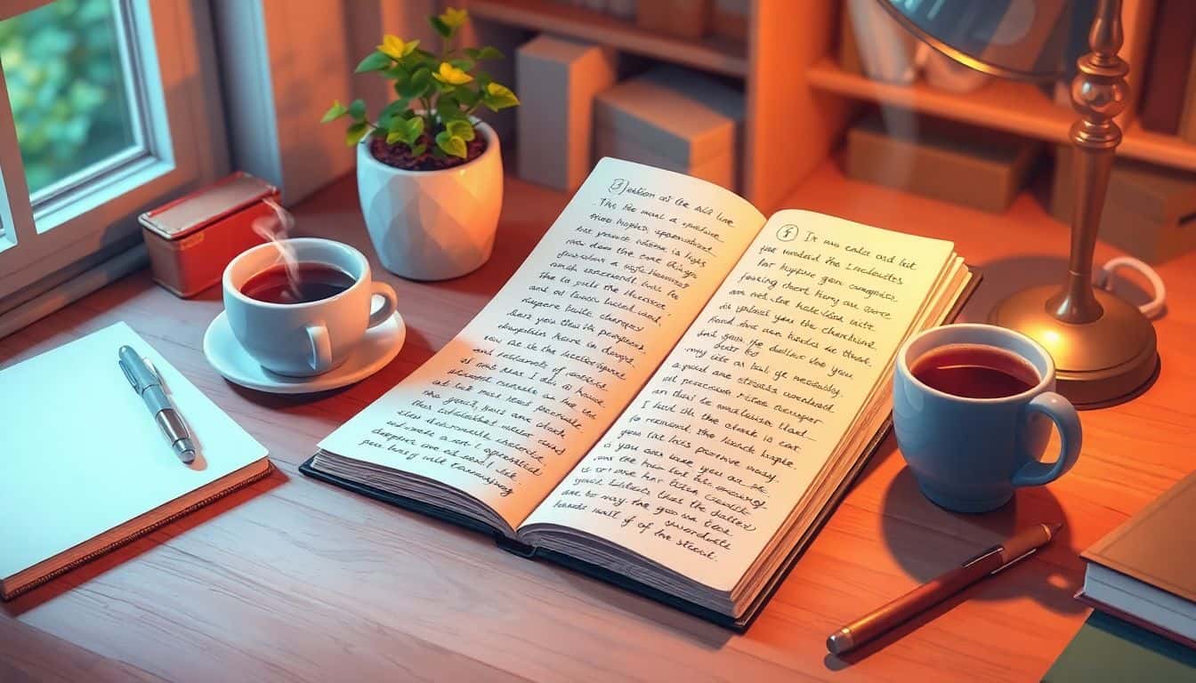 A whimsical writer's desk with an open notebook filled with handwritten notes and character sketches, a steaming cup of coffee, and a small potted plant, all set in a cozy, softly lit atmosphere.