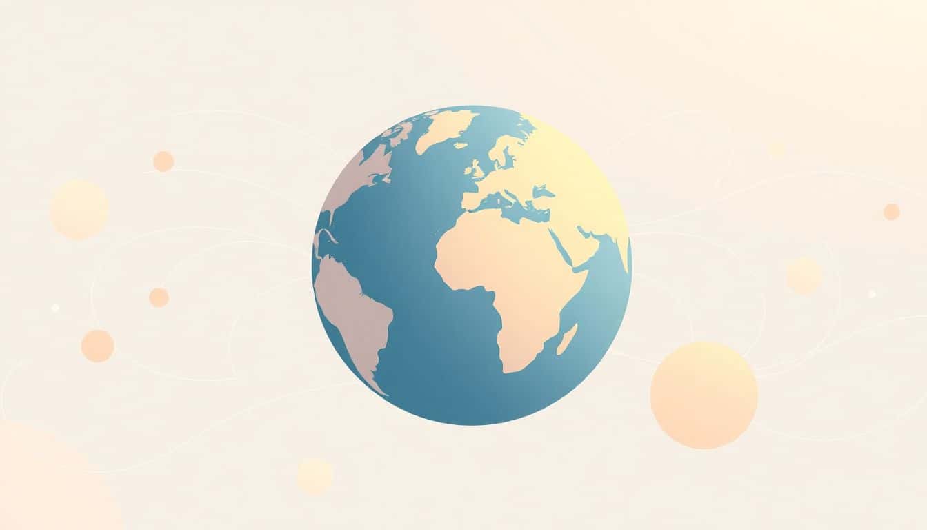 Minimalist illustration of a stylized globe in pastel colors, surrounded by flowing lines representing communication and connecting to abstract shapes symbolizing diverse cultures.