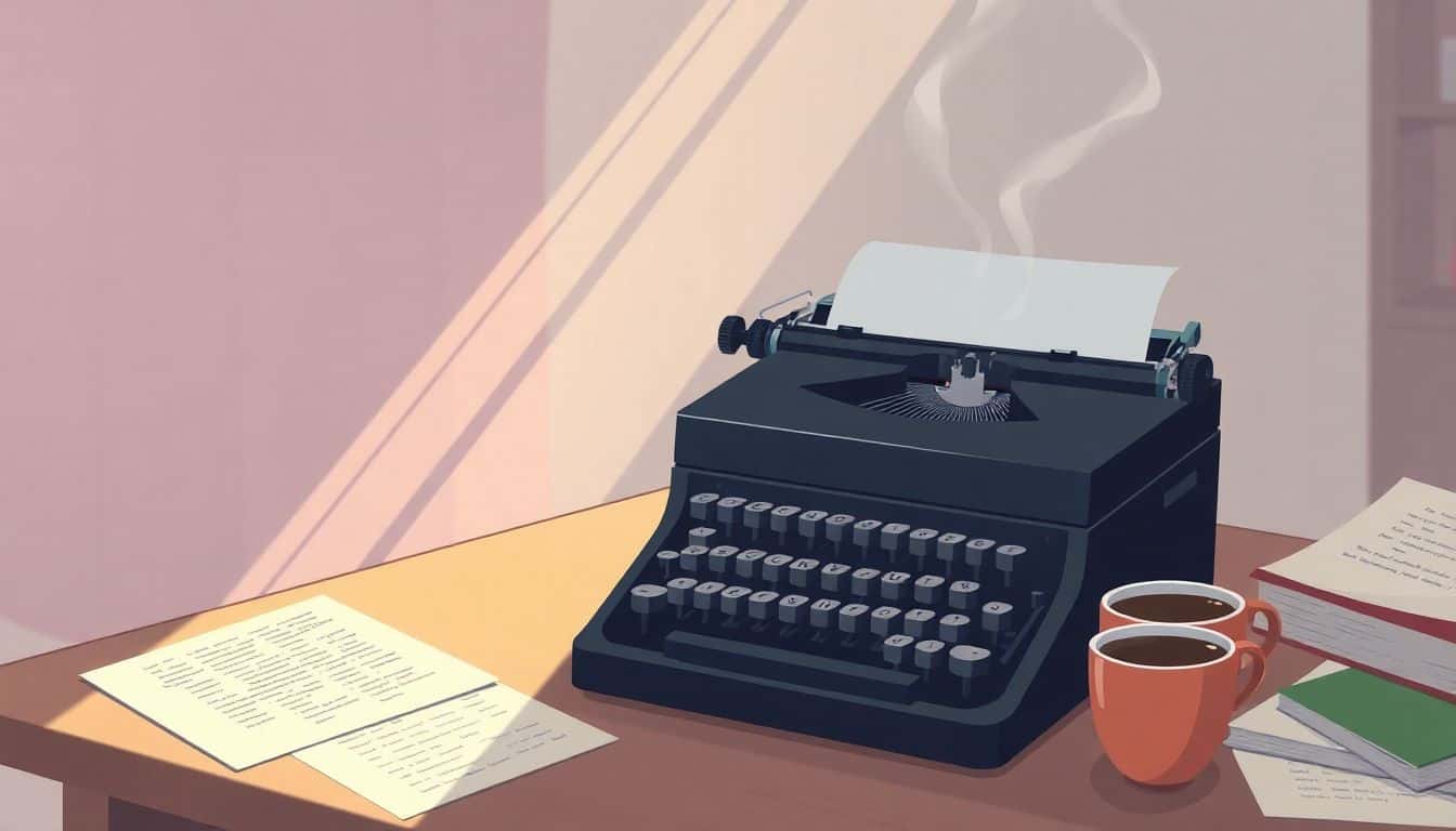 A vintage typewriter on a writer's desk with a steaming cup of coffee and scattered sheets of typed paper, illuminated by soft sunlight streaming through a window, with a minimalistic background featuring a faint bookshelf.