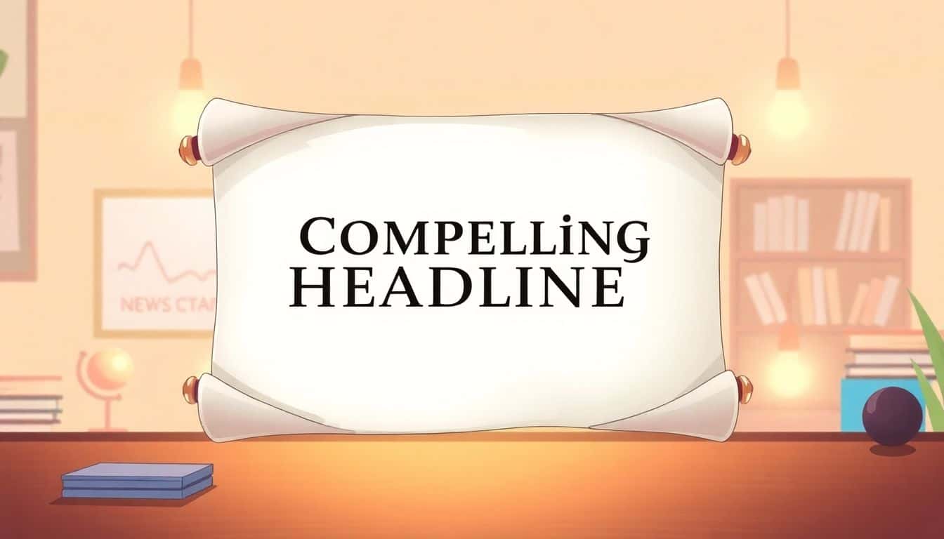 Illustration of an eye-catching headline on an elegant parchment scroll, surrounded by a soft glow against a minimalist background suggesting a creative environment, with warm colors evoking inspiration.