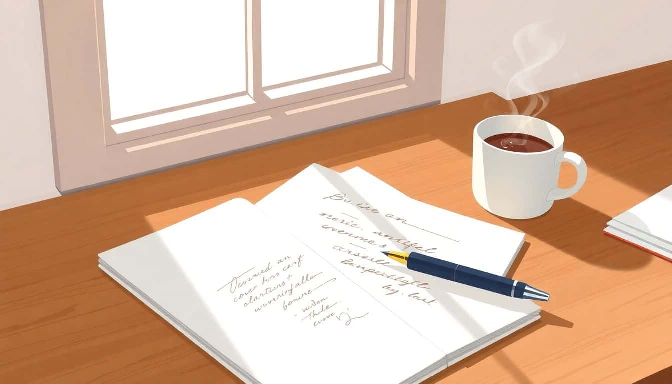 A serene writing desk with an open notebook displaying a cover letter, a sleek fountain pen, and a steaming cup of coffee, illuminated by soft natural light filtering through a nearby window.