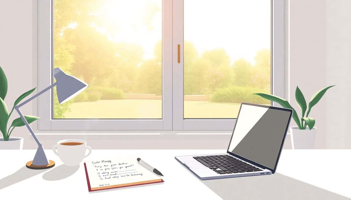 Minimalist workspace with a stylish desk, open laptop, steaming coffee cup, and a notepad with a guest blogging plan, featuring a large window showing a peaceful garden scene illuminated by soft sunlight.