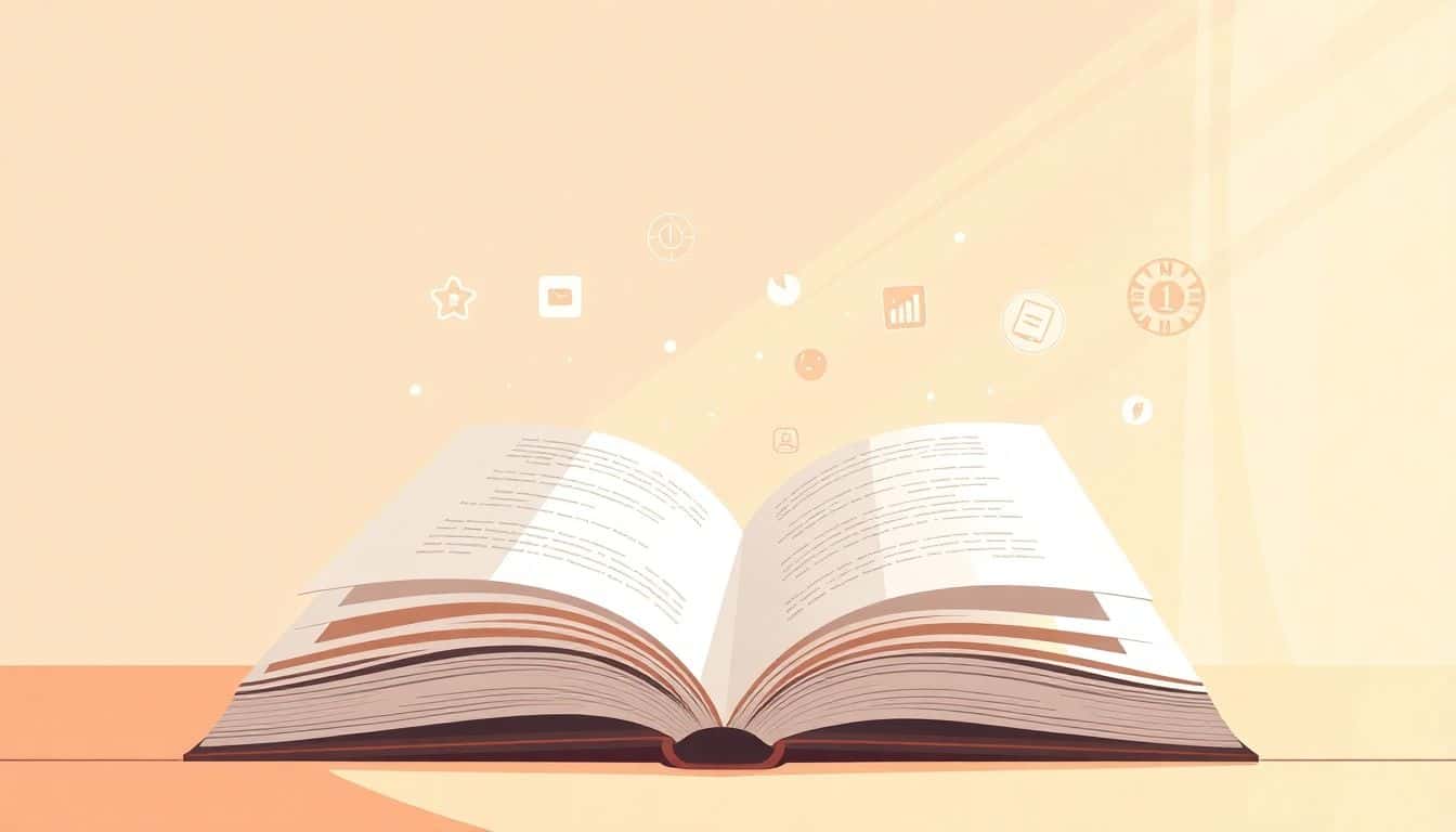Open book with pages flipping in a gentle breeze, surrounded by minimalist icons of self-publishing platforms, set in a warm, calming color palette with soft light.
