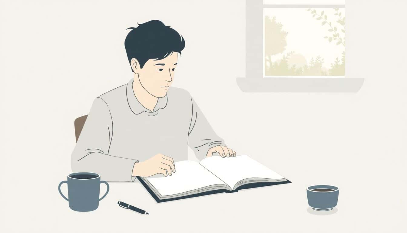 A writer sitting at a desk, gazing thoughtfully at a blank notebook, with a pen, a cup of coffee, and an open book nearby, illuminated by soft light from a window that reveals a hint of nature outside.