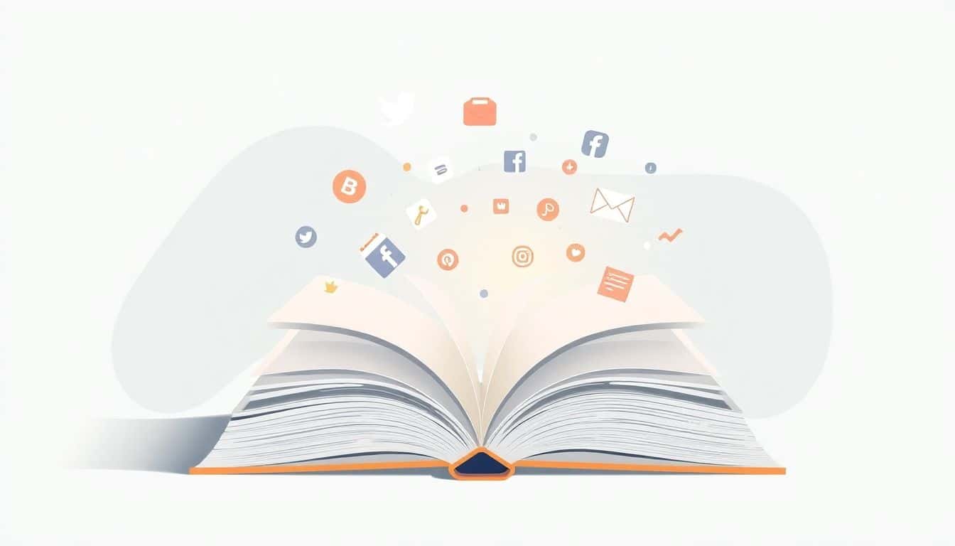 Minimalist illustration of an open book with its pages transforming into social media icons and genre symbols, set against a calm, abstract background in a soft color palette.
