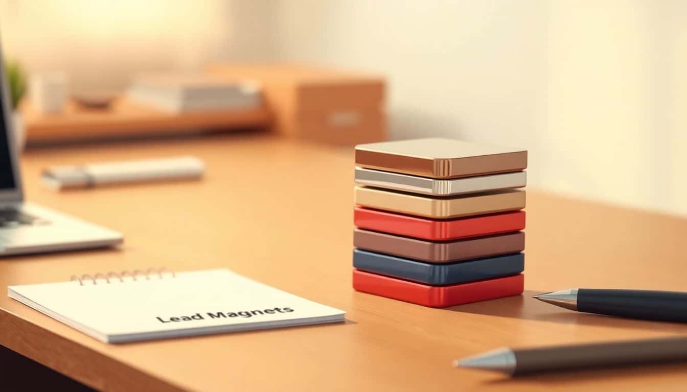 A stack of uniquely designed lead magnets on a wooden desk, with a softly blurred background, warm light, a notepad, and a pen nearby.