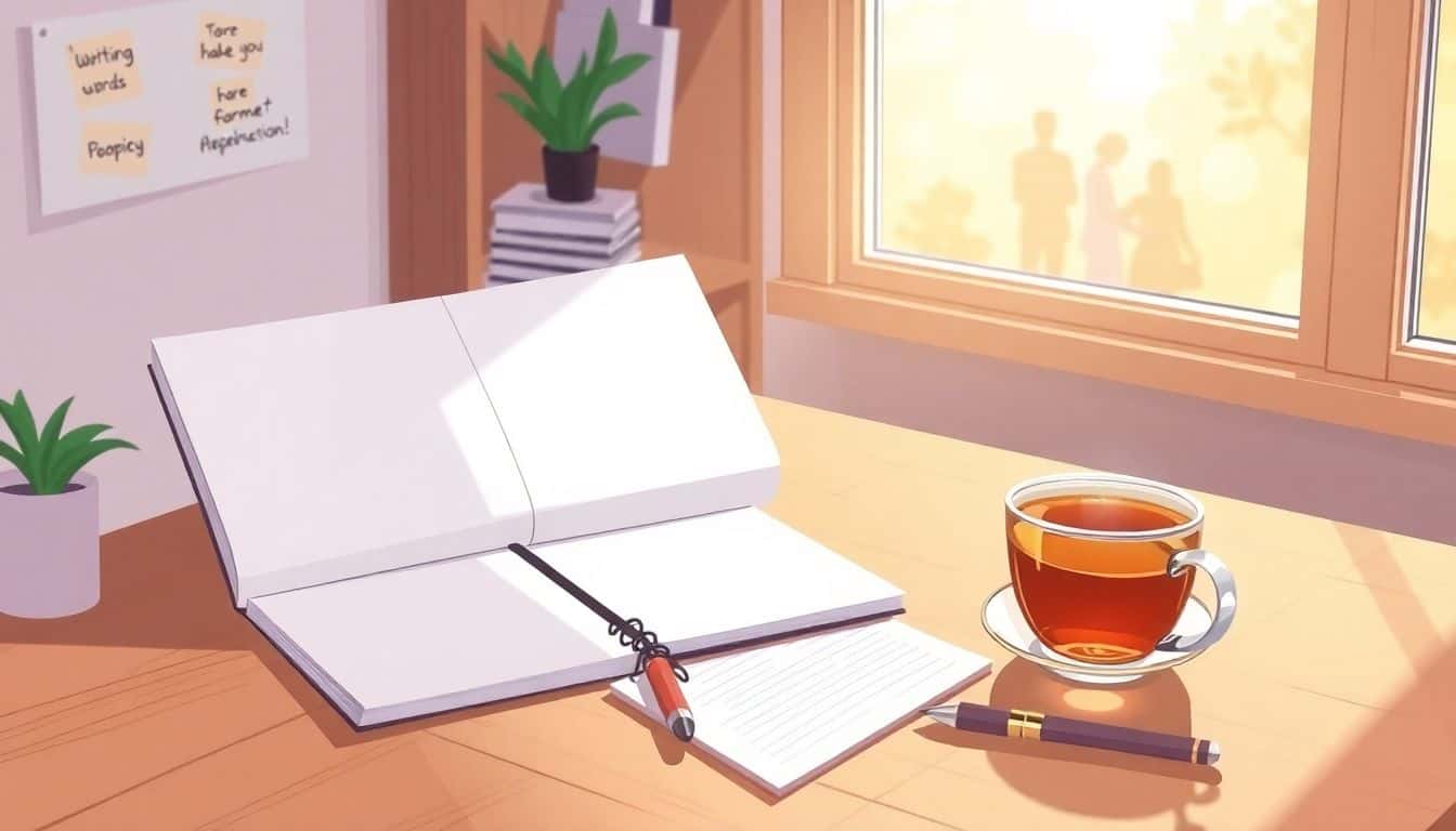 Cozy writing space with a desk, notebook, and cup of tea, illuminated by natural light, featuring post-it notes with encouraging words and blurred figures representing community in the background.