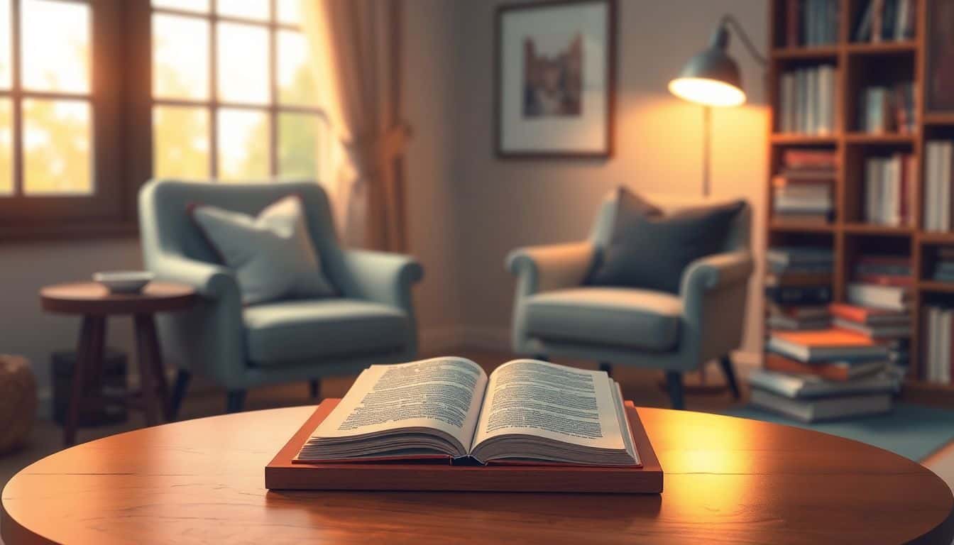 A beautifully designed book on a small wooden table, surrounded by warm lighting, with a blurred cozy reading nook in the background featuring a plush armchair and stacked books.