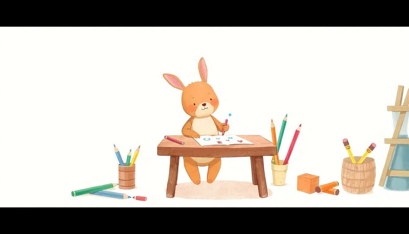 A friendly rabbit sitting at a small wooden table surrounded by colored pencils and paper, joyfully doodling simple shapes in a soft pastel-colored background.