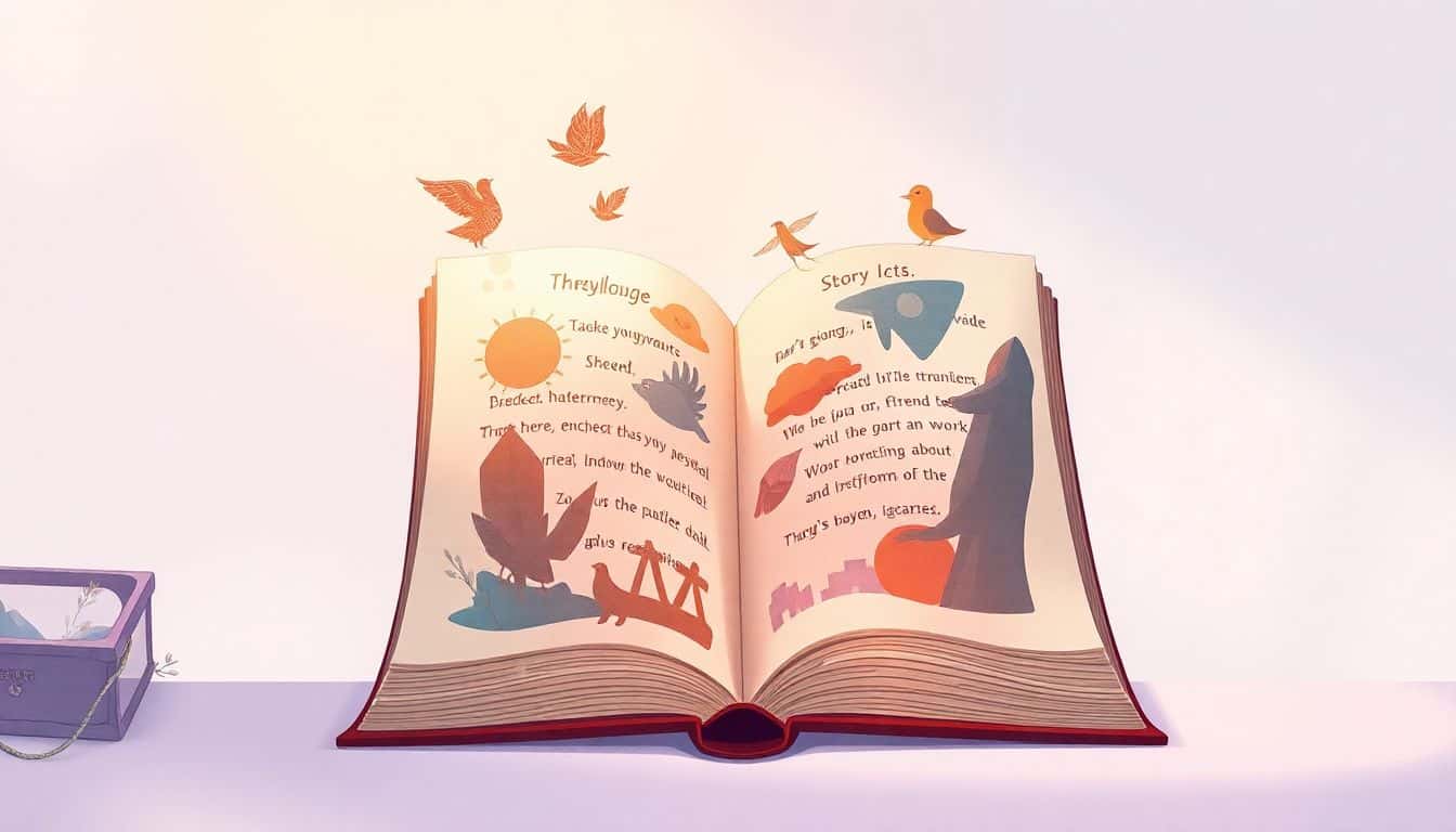 An open book with whimsical pages illustrating abstract story arcs like "Rags to Riches," "Hero's Journey," and "Icarus," set against a minimalistic background in soft colors, creating a dreamlike and imaginative atmosphere.