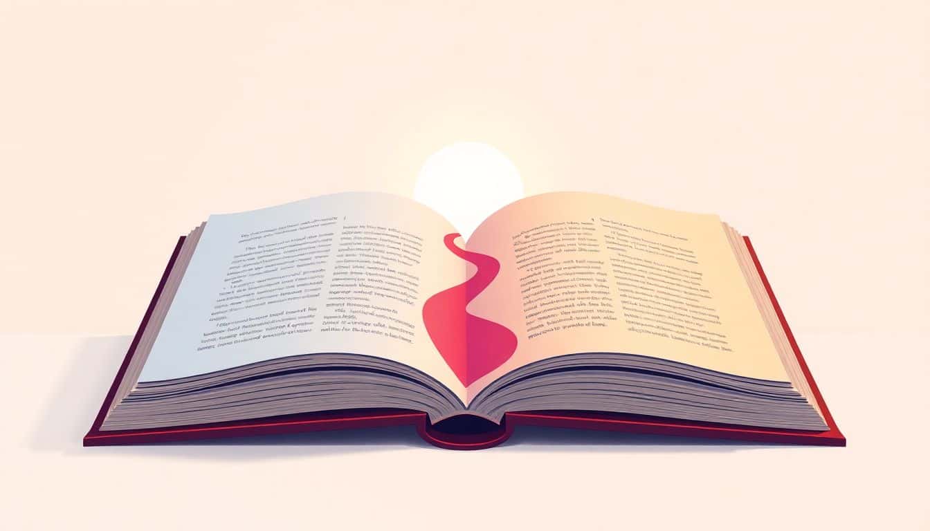 An open book with vibrant pages displaying visual metaphors of storytelling, including a winding path and abstract goal icons, set against a soft pastel background.