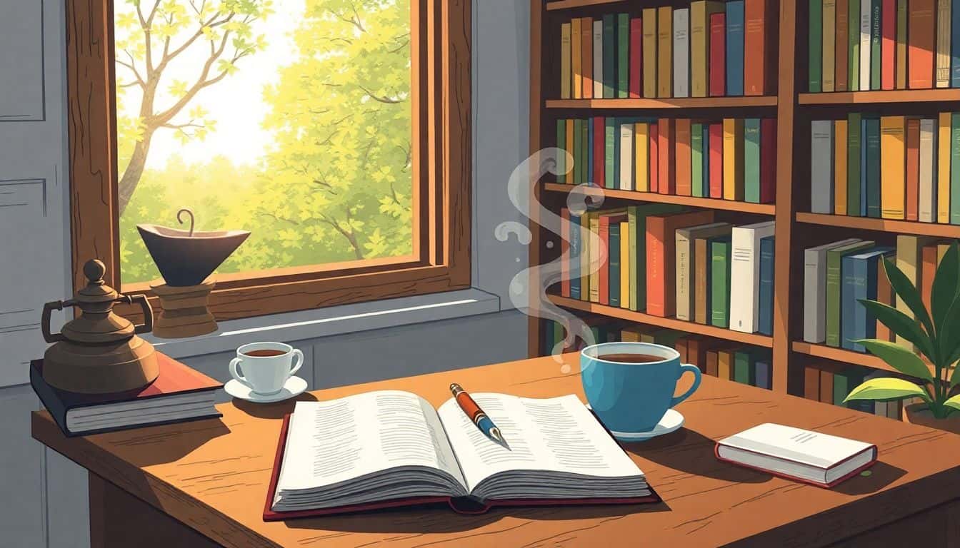 A cozy writing nook with a wooden desk, an open notebook and fountain pen, a steaming cup of tea, and a colorful bookshelf. Soft lighting and a window with a view of swaying trees create a tranquil atmosphere.
