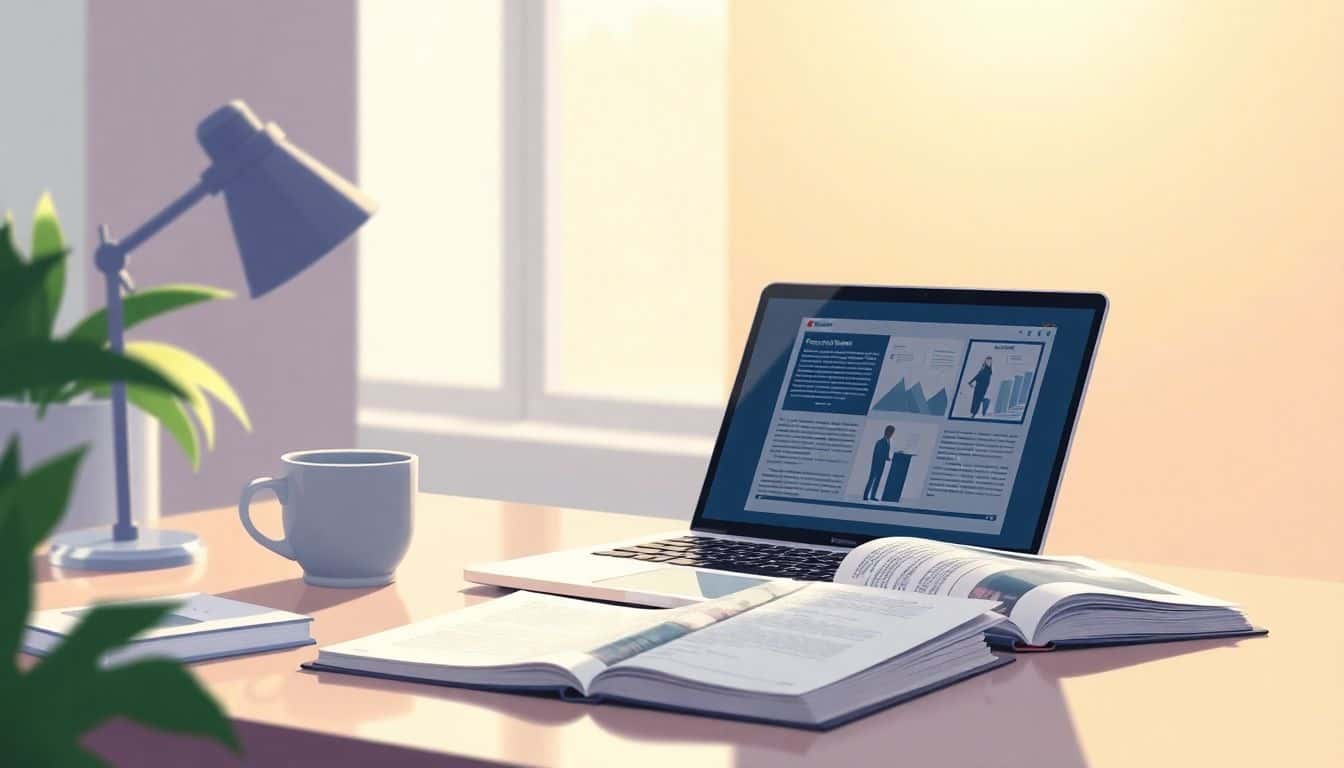A minimalist workspace featuring a sleek laptop displaying a digital publishing platform, a cup of coffee, and a book with a digital theme, illuminated by soft, warm light from a window.