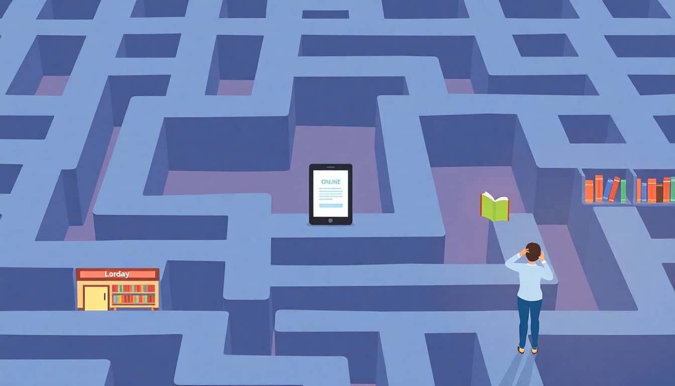 Illustration of a simplified maze with paths leading to a cozy bookstore, a digital tablet for online platforms, and a friendly library, featuring soft colors and whimsical details like books and a thoughtful figure observing the paths.