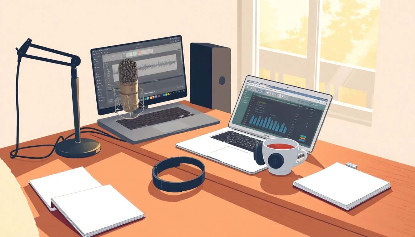 Cozy home studio setup for audiobook creation with a vintage microphone, headphones, a laptop displaying audio editing software, notebooks, and a steaming cup of tea, all bathed in warm light.