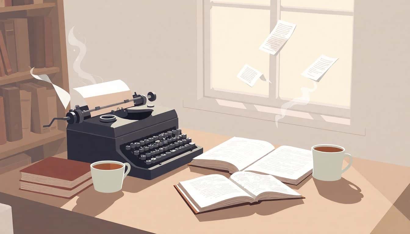 A minimalist illustration of a cozy writing desk with an open manuscript, vintage typewriter, and steaming cup of coffee, illuminated by soft light from a window. Floating pages symbolize ideas and queries, creating a sense of movement and inspiration in the author’s creative journey.