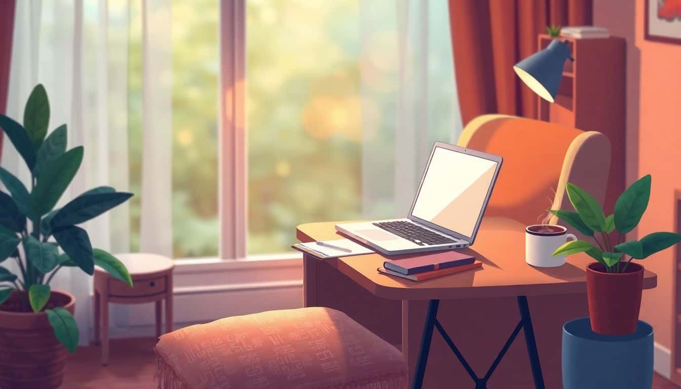 Cozy writing space with a comfortable chair, small desk, open laptop, steaming cup of coffee, notepad, and a plant, all surrounded by warm lighting and a softly blurred background.