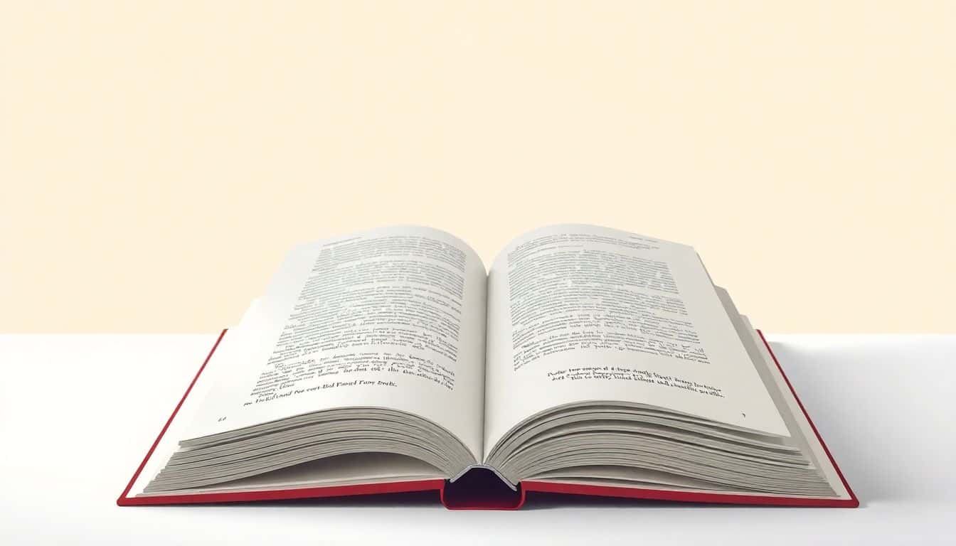 Minimalist illustration of an open book with an elegant cover design, featuring clear typography and a soft-focus background in a harmonious color palette.