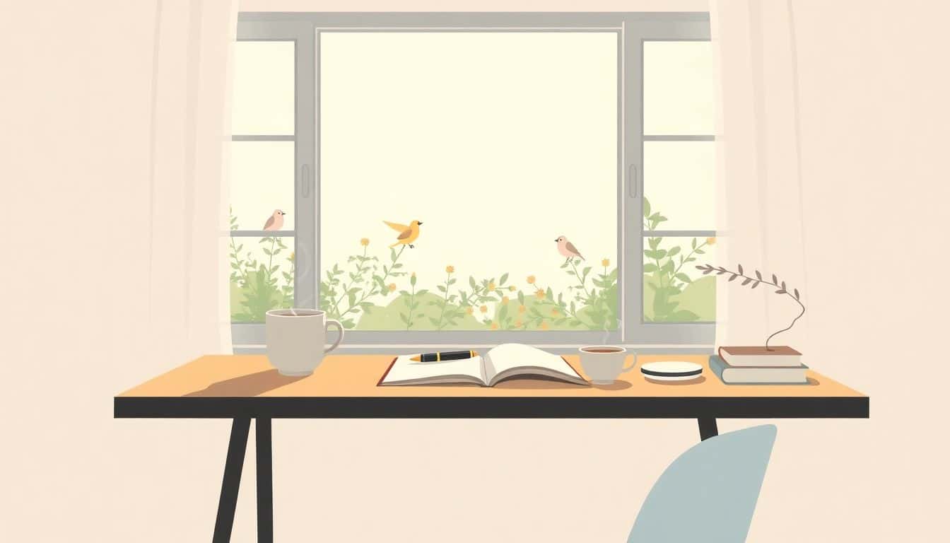 A cozy minimalist desk scene with an open notebook, fountain pen, and steaming coffee cup in soft morning light, overlooking a tranquil garden with birds.