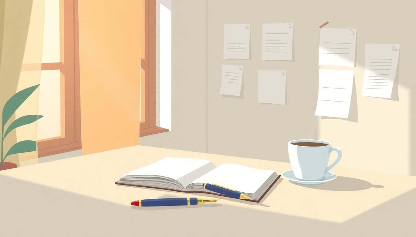 A cozy writing space with a neatly arranged desk featuring a blank notebook, a fountain pen, and a steaming cup of coffee, illuminated by soft sunlight filtering through a window. In the background, a wall displays minimalist outline templates and notes.