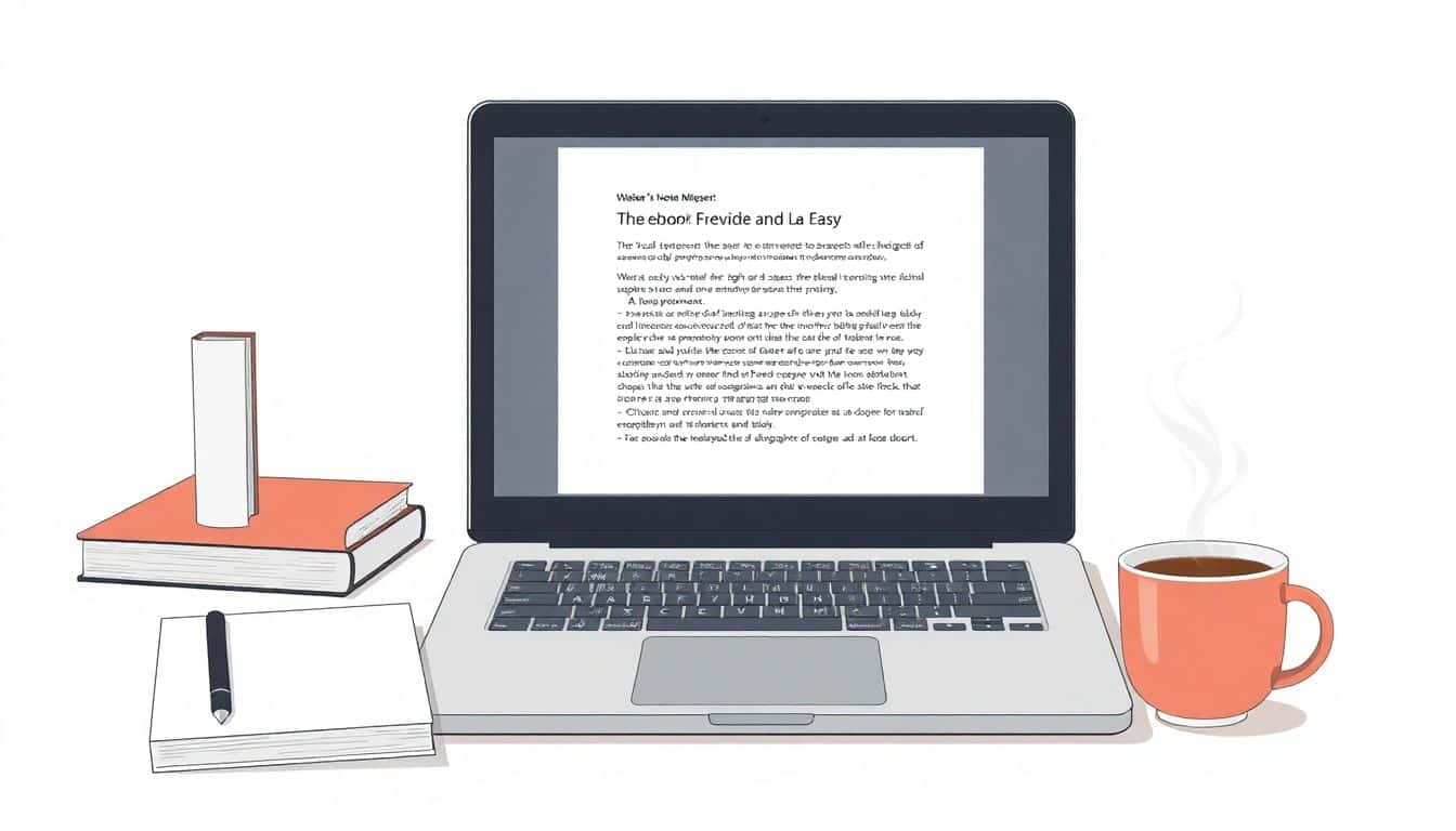 Minimalistic workspace with a stylish laptop displaying user-friendly formatting software, a neatly arranged notebook, and a steaming cup of coffee, set against a softly colored background that evokes clarity, with subtle digital elements like e-readers and books.